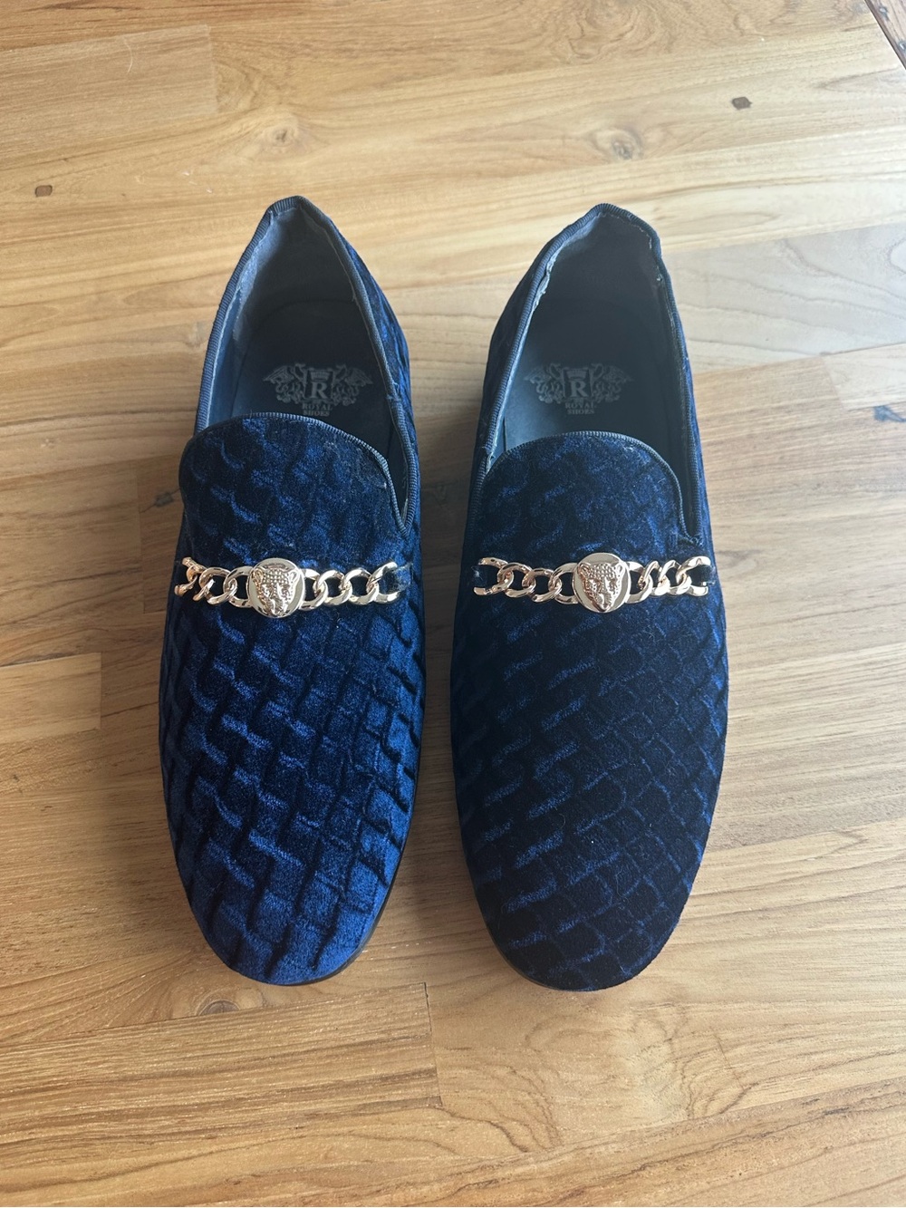 Royal Shoes Men's Navy Velvet Slip-On Loafers with Gold Chain Accent